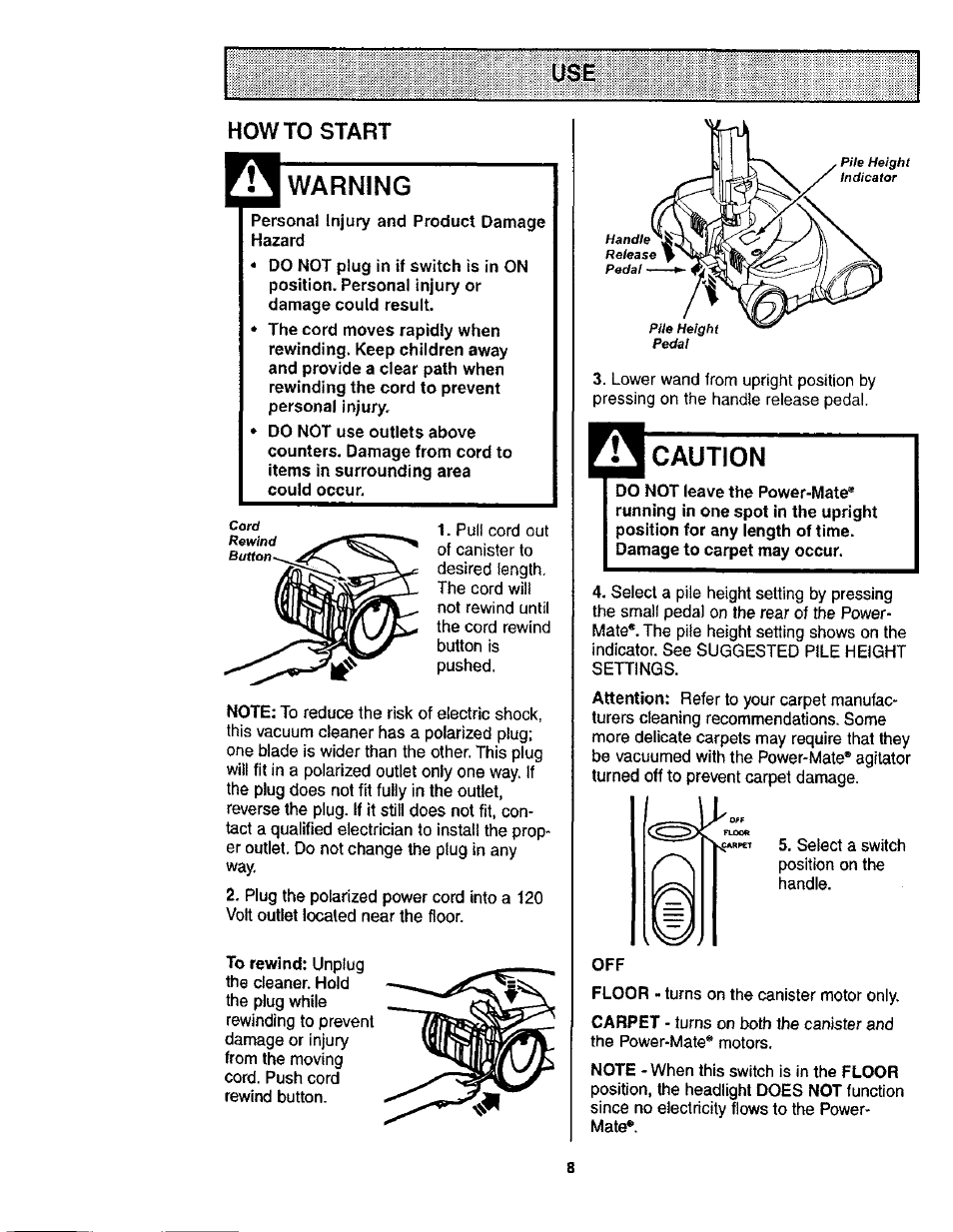 Howto start, Warning, Caution | How to start | Kenmore POWER-MATE 116.24614 User Manual | Page 8 / 21