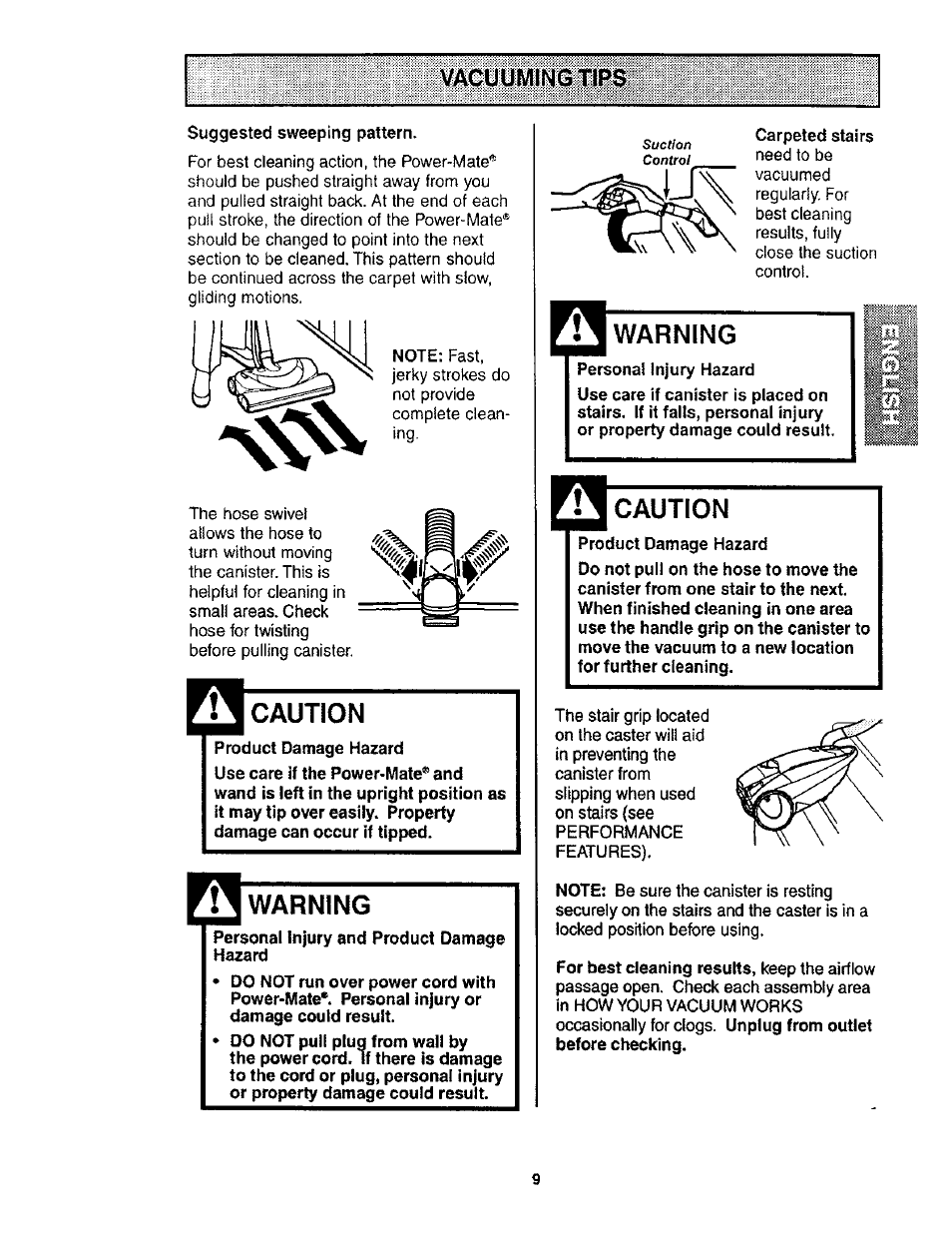 Vacuuming tips, Caution, Warning | Kenmore POWER-MATE 116.24614 User Manual | Page 9 / 21