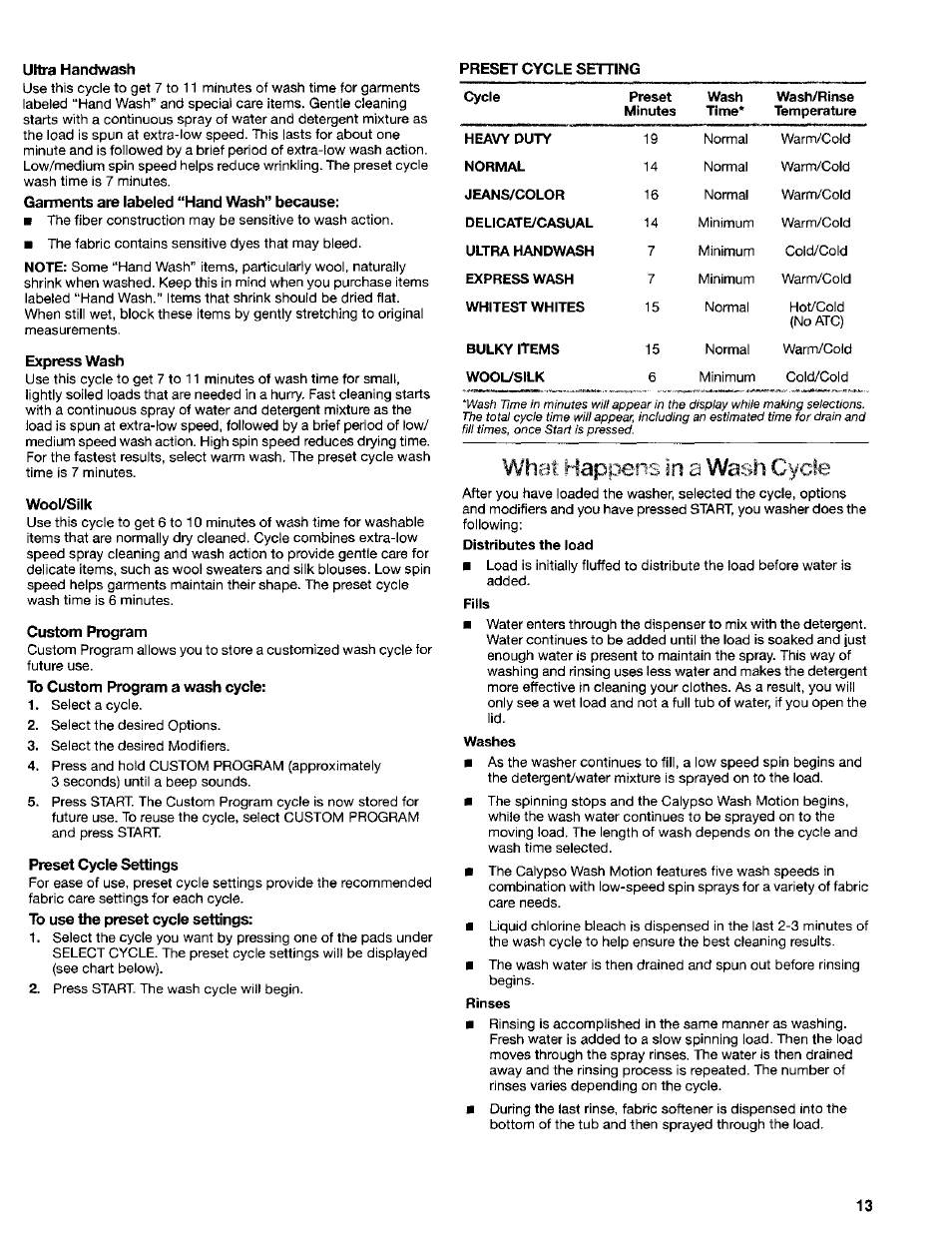 Ultra handwash, Express wash, Wool/silk | Custom program, Preset cycle settings, Whet happens in a wash cycle | Kenmore Washer User Manual | Page 13 / 23