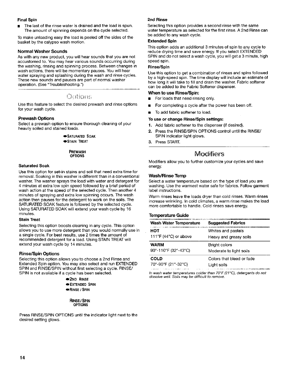 Normal washer sounds, Prewash options, Rinse/spin options | Wash/rinse temp, Oiitioris, Modifiers | Kenmore Washer User Manual | Page 14 / 23