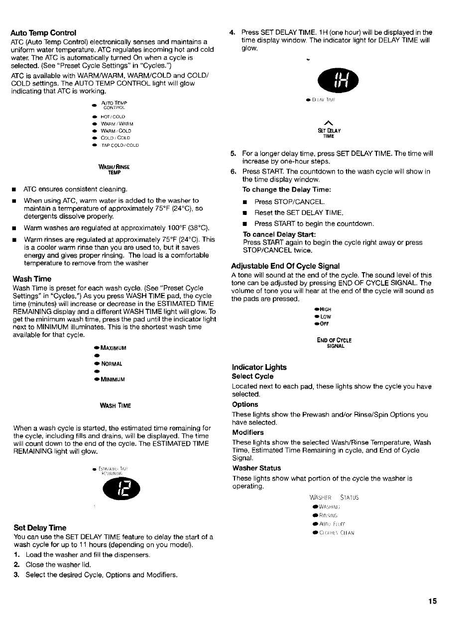 Auto temp control, Wash time, Adjustable end of cycle signal | Set delay time | Kenmore Washer User Manual | Page 15 / 23