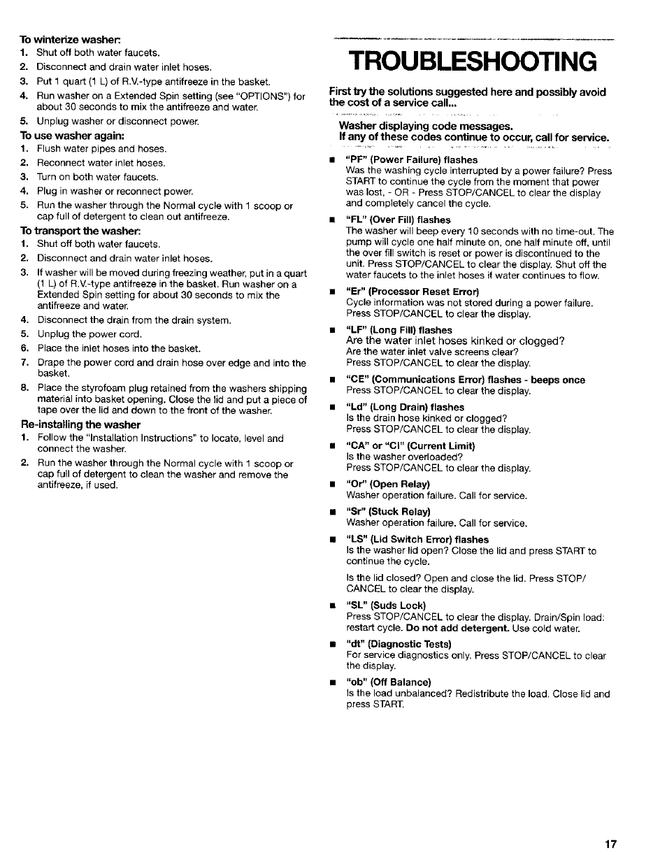 To winterize washer, Washer displaying code messages, Troubleshooting | Kenmore Washer User Manual | Page 17 / 23