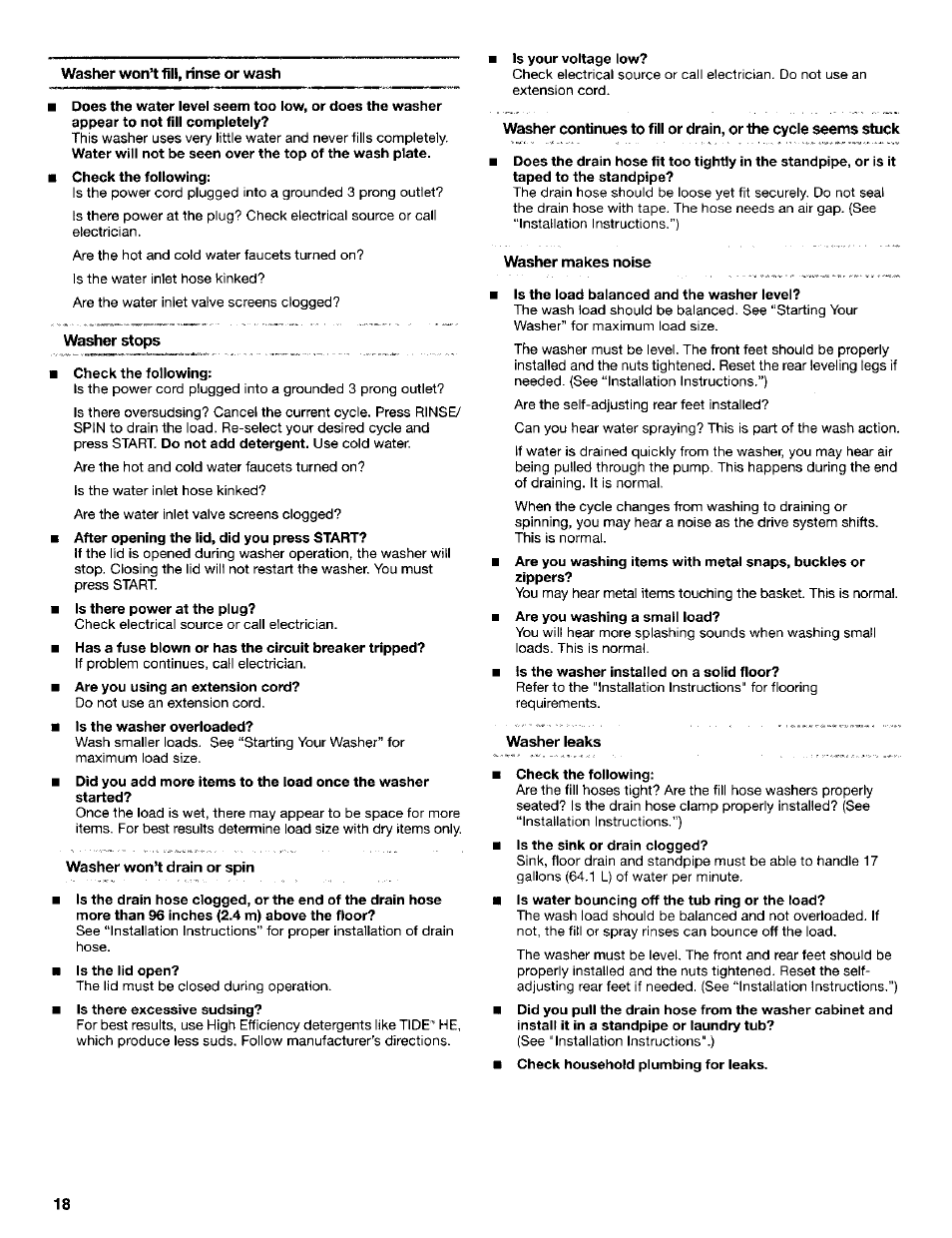 Washer won’t fill, rinse or wash | Kenmore Washer User Manual | Page 18 / 23