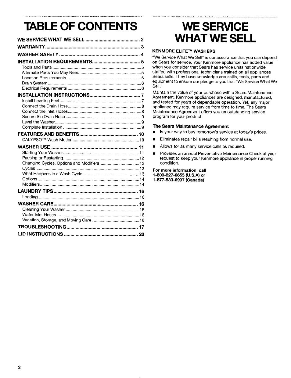 Table of contents we service, What we sell | Kenmore Washer User Manual | Page 2 / 23