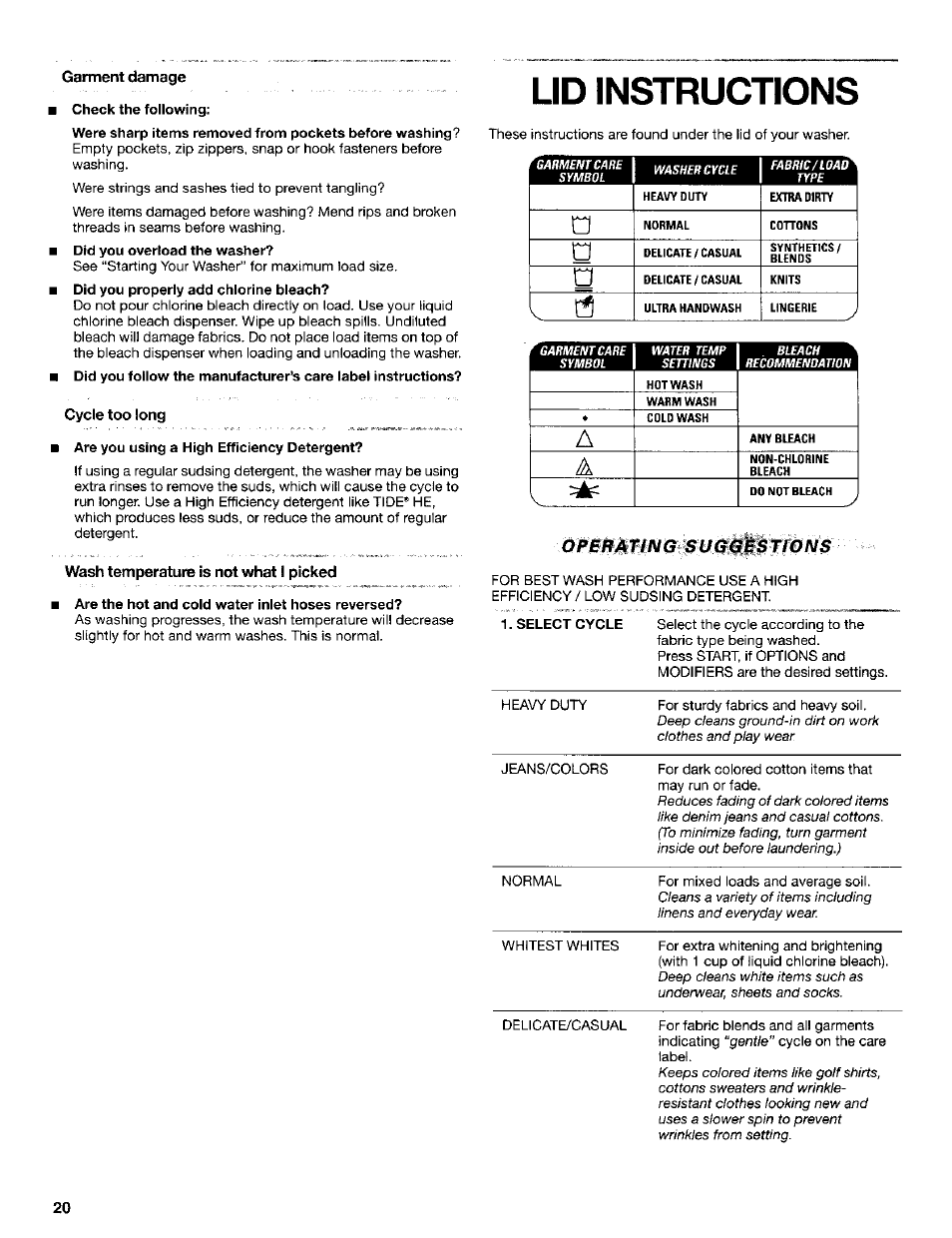 Wash temperature is not what i picked, Lid instructions | Kenmore Washer User Manual | Page 20 / 23