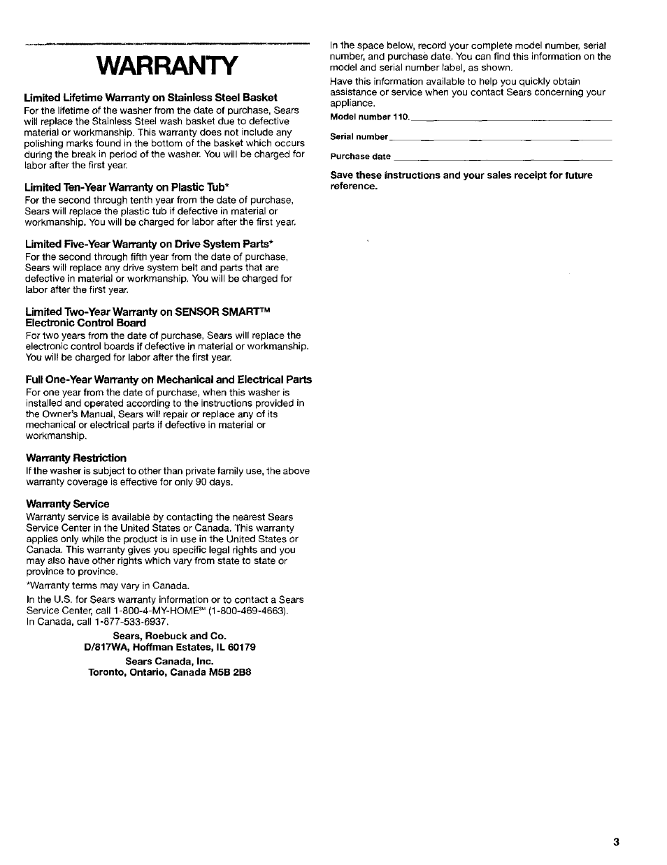 Limited ten-year warranty on plastic tub, Limited five-year warranty on drive system parts, Warranty restriction | Warranty service, Warranty | Kenmore Washer User Manual | Page 3 / 23