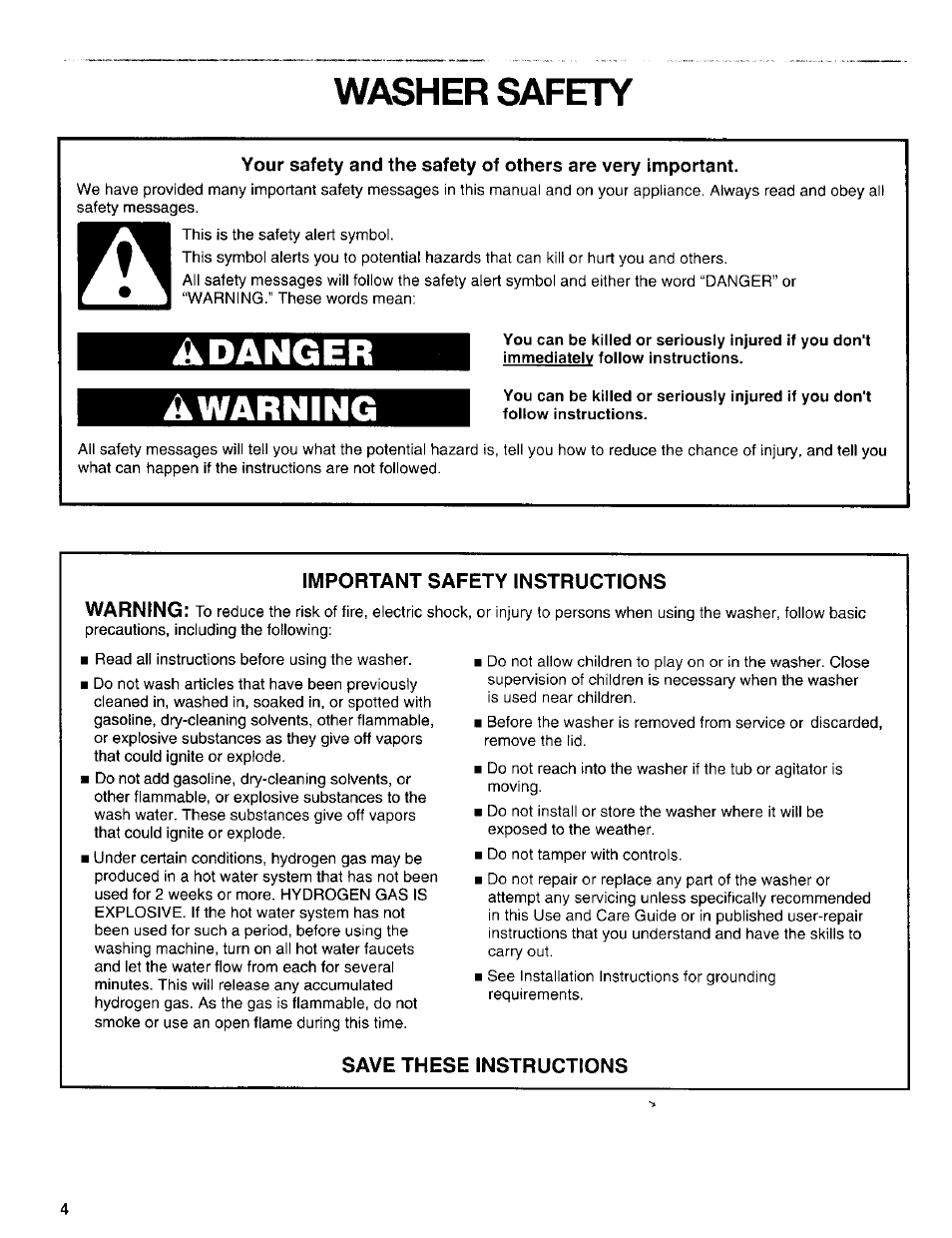 Washer safety, Adanger awarning | Kenmore Washer User Manual | Page 4 / 23