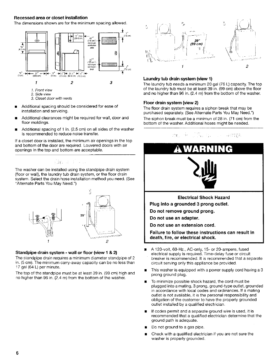 Recessed area or closet installation, Laundry tub drain system (view 1), Floor drain system (view 2 | Warning | Kenmore Washer User Manual | Page 6 / 23