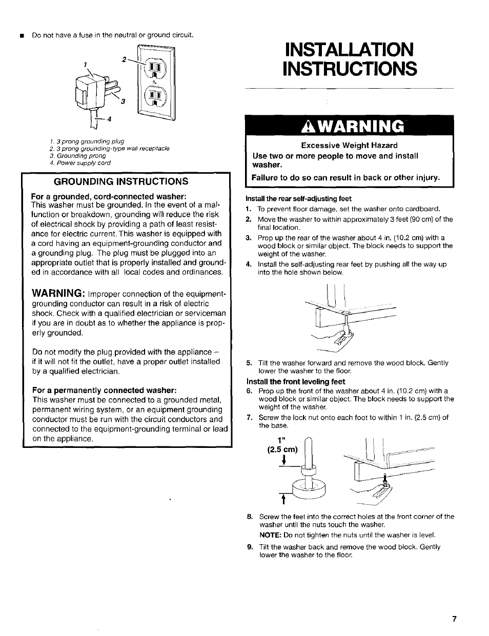 Installation instructions, Awarning | Kenmore Washer User Manual | Page 7 / 23