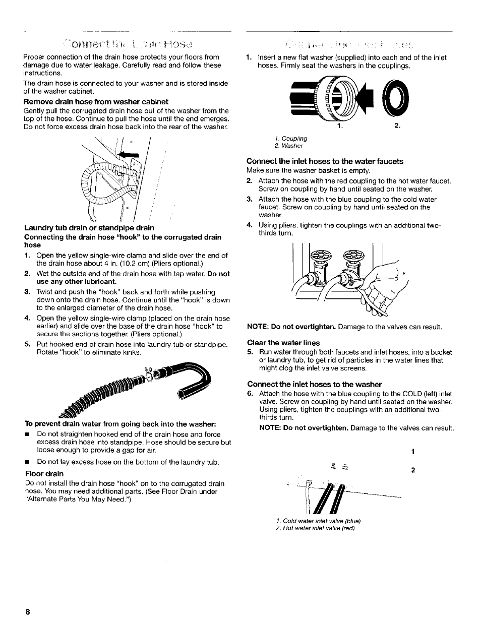 Laundry tub drain or standpipe drain, Connect the inlet hoses to the water faucets, Connect the inlet hoses to the washer | Onnerttsi | Kenmore Washer User Manual | Page 8 / 23