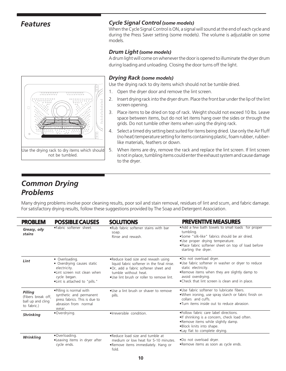 Features, Common drying problems, Cycle signal control | Drum light, Drying rack, Problem | Kenmore 27" (69 cm) Wide LAUNDRY CENTER Washer - Electric Dryer P/N 134809700A User Manual | Page 10 / 15