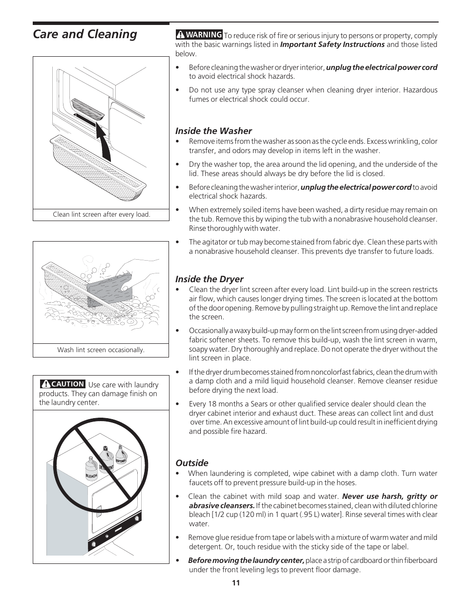 Care and cleaning | Kenmore 27" (69 cm) Wide LAUNDRY CENTER Washer - Electric Dryer P/N 134809700A User Manual | Page 11 / 15