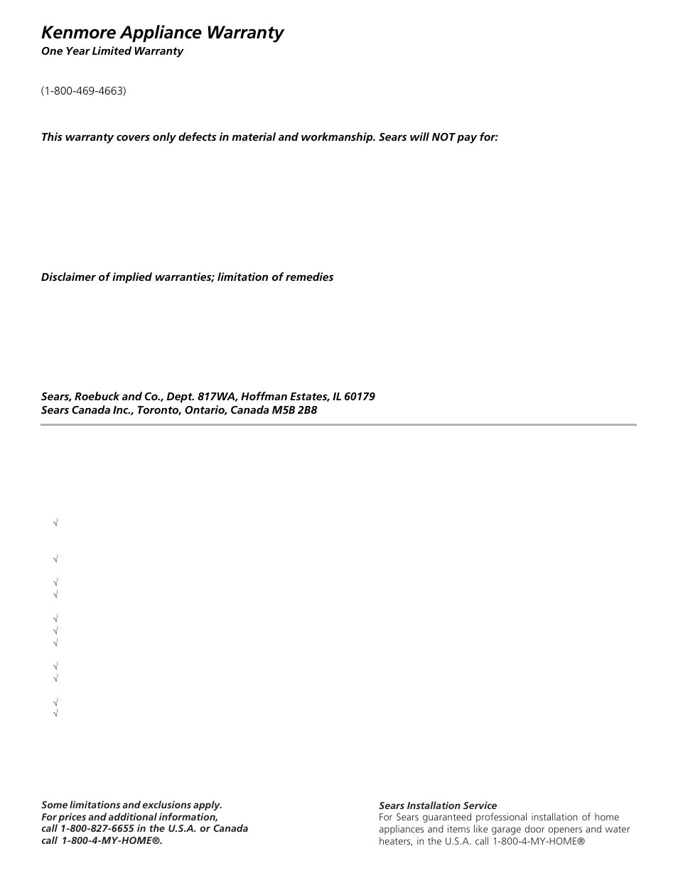 Kenmore appliance warranty, Master protection agreement | Kenmore 27" (69 cm) Wide LAUNDRY CENTER Washer - Electric Dryer P/N 134809700A User Manual | Page 15 / 15