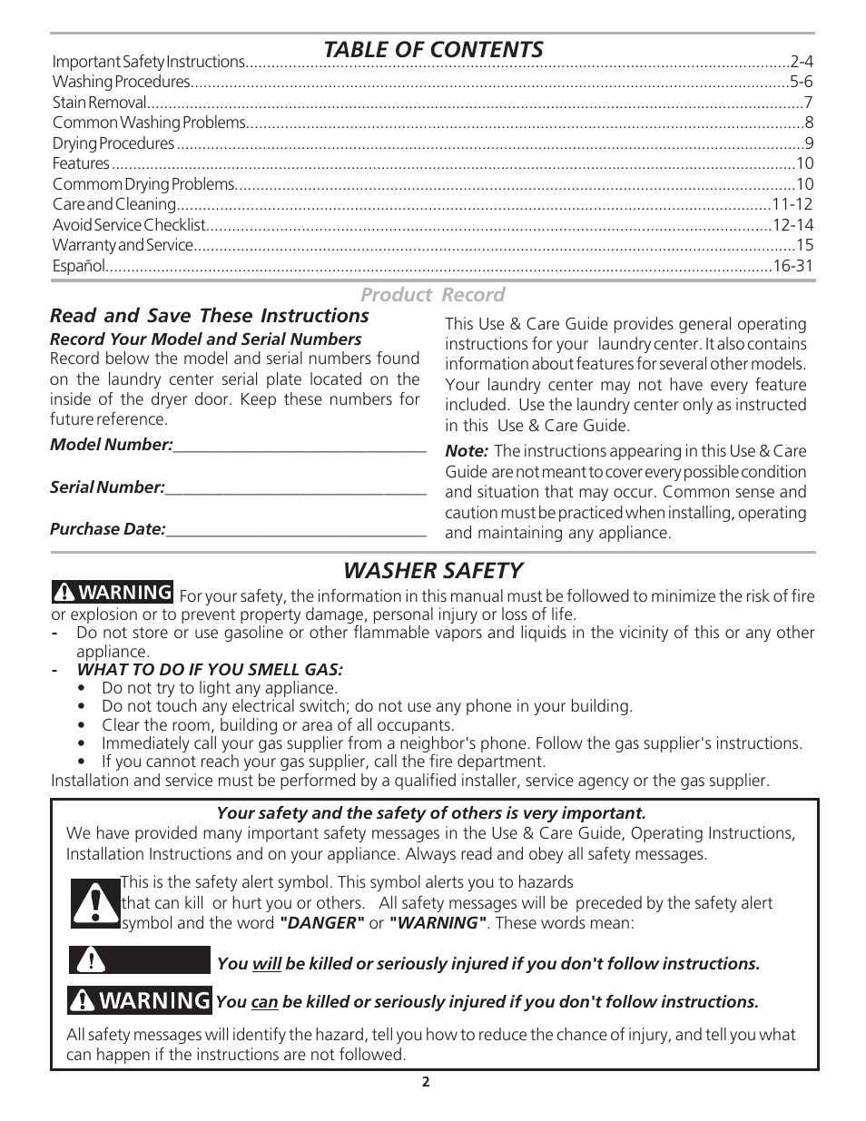 Kenmore 27" (69 cm) Wide LAUNDRY CENTER Washer - Electric Dryer P/N 134809700A User Manual | Page 2 / 15