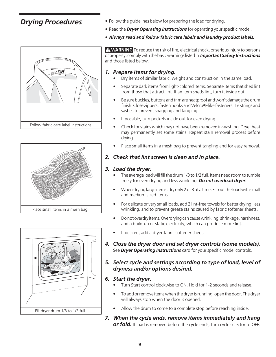 Drying procedures | Kenmore 27" (69 cm) Wide LAUNDRY CENTER Washer - Electric Dryer P/N 134809700A User Manual | Page 9 / 15