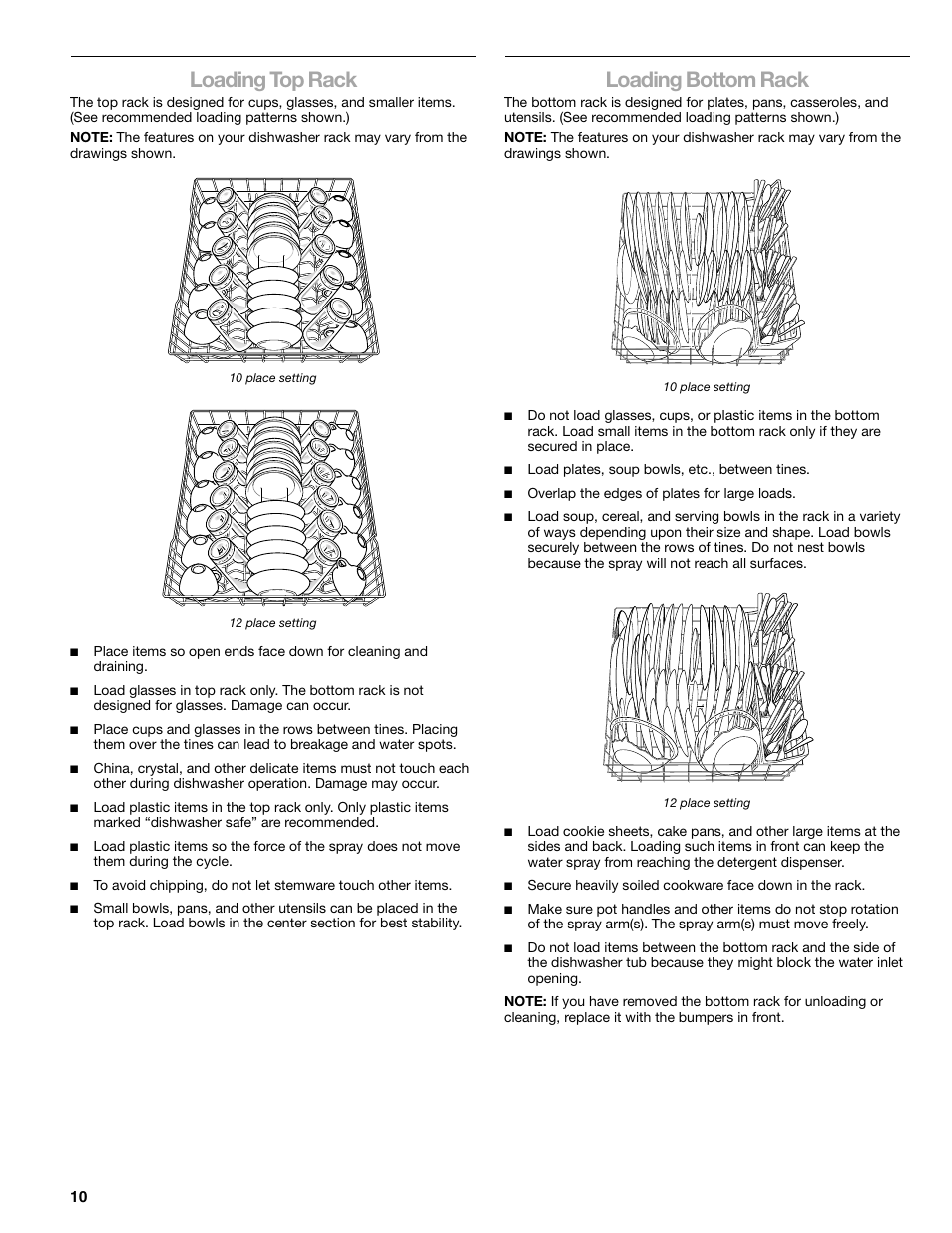 Loading top rack, Loading bottom rack | Kenmore 665.1776 User Manual | Page 10 / 60