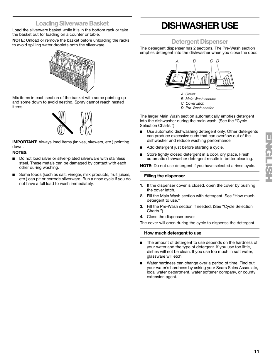Dishwasher use, Loading silverware basket, Detergent dispenser | Kenmore 665.1776 User Manual | Page 11 / 60
