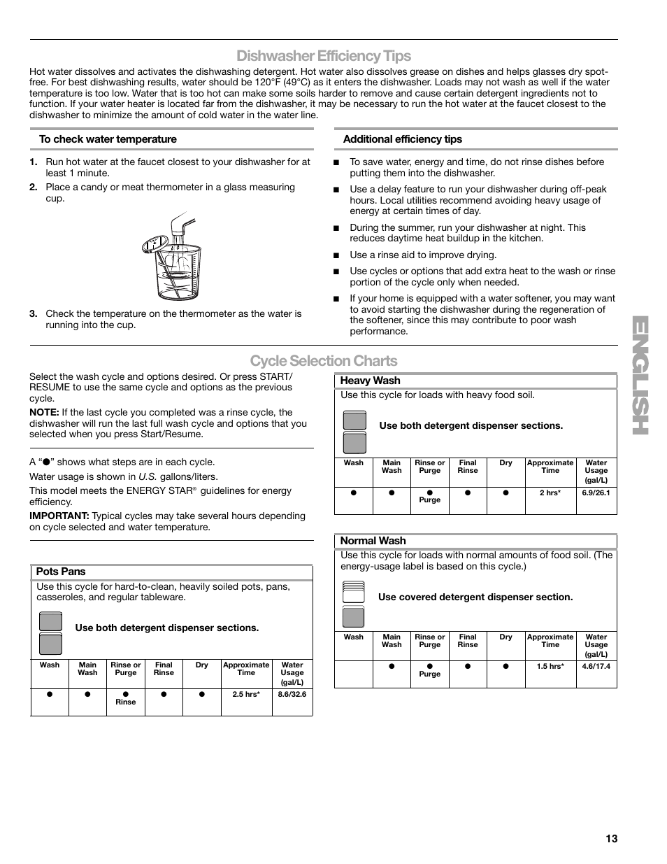 Dishwasher efficiency tips, Cycle selection charts | Kenmore 665.1776 User Manual | Page 13 / 60