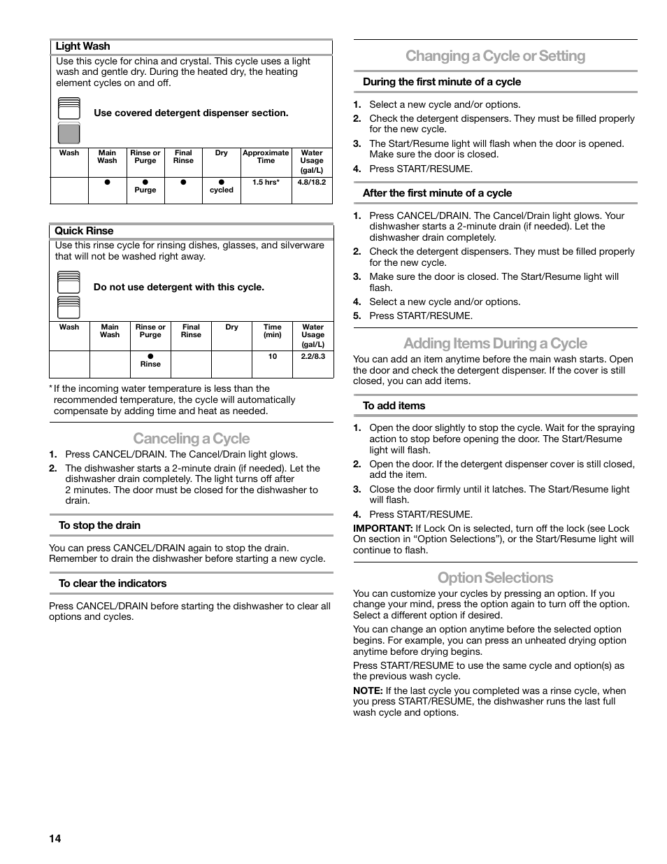 Canceling a cycle, Changing a cycle or setting, Adding items during a cycle | Option selections | Kenmore 665.1776 User Manual | Page 14 / 60