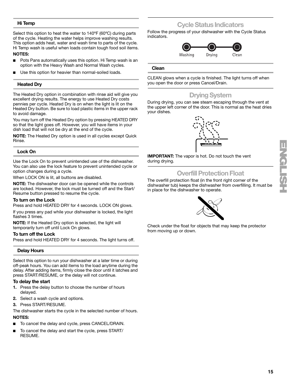 Cycle status indicators, Drying system, Overfill protection float | Kenmore 665.1776 User Manual | Page 15 / 60