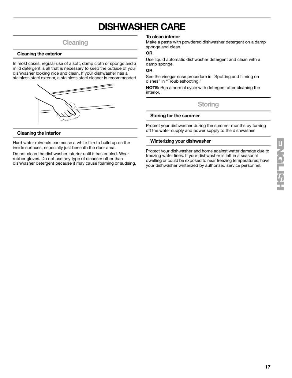 Dishwasher care, Cleaning, Storing | Kenmore 665.1776 User Manual | Page 17 / 60