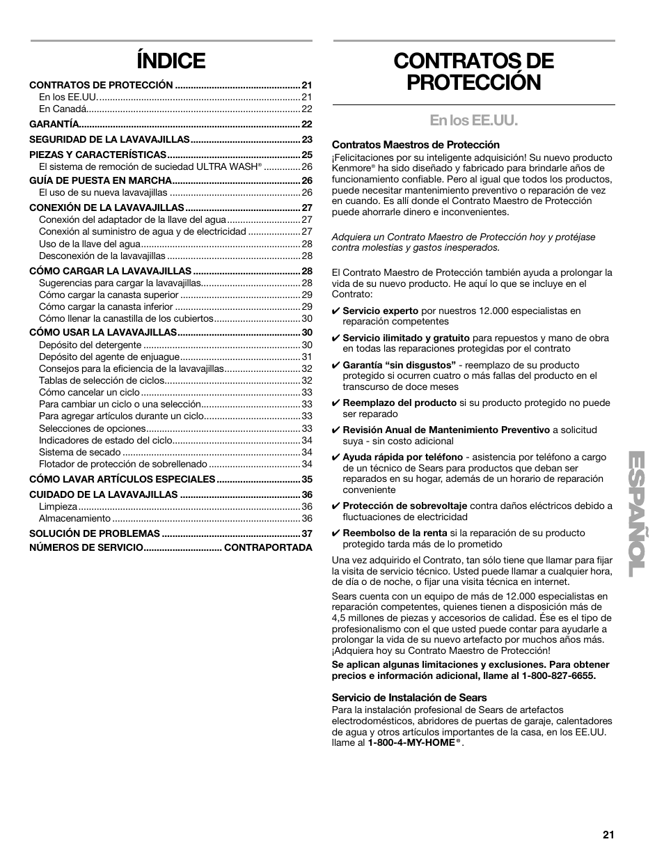 Índice, Contratos de protección, En los ee.uu | Kenmore 665.1776 User Manual | Page 21 / 60