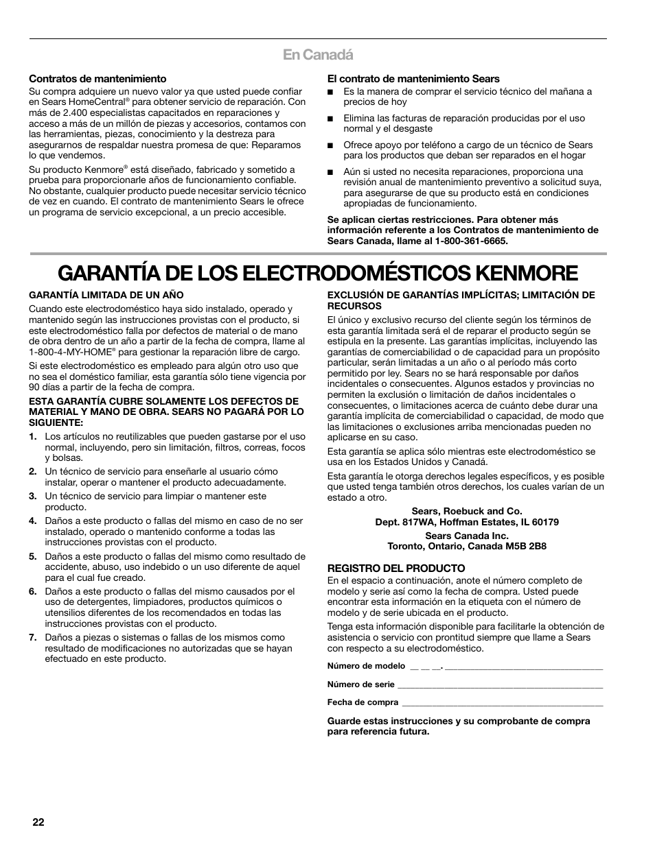 Garantía de los electrodomésticos kenmore, En canadá | Kenmore 665.1776 User Manual | Page 22 / 60