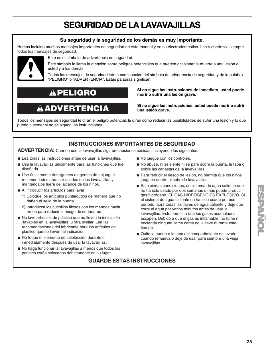 Seguridad de la lavavajillas, Advertencia peligro, Instrucciones importantes de seguridad | Guarde estas instrucciones | Kenmore 665.1776 User Manual | Page 23 / 60