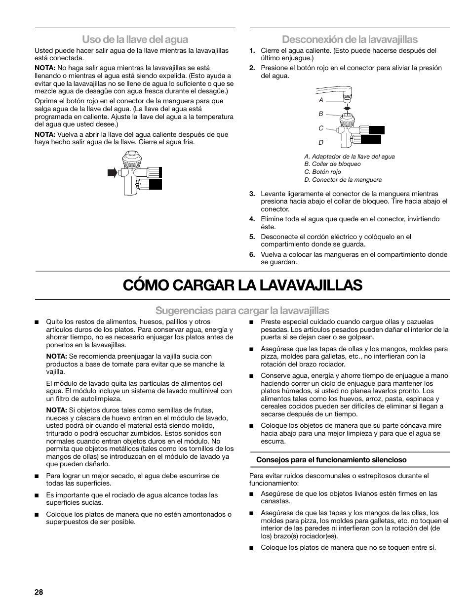 Cómo cargar la lavavajillas, Uso de la llave del agua, Desconexión de la lavavajillas | Sugerencias para cargar la lavavajillas | Kenmore 665.1776 User Manual | Page 28 / 60