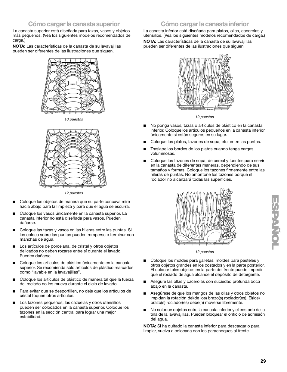 Cómo cargar la canasta superior, Cómo cargar la canasta inferior | Kenmore 665.1776 User Manual | Page 29 / 60
