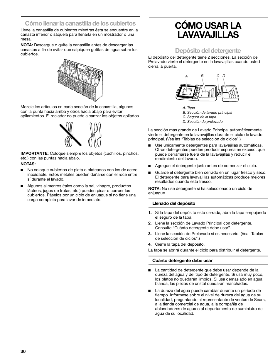 Cómo usar la lavavajillas, Cómo llenar la canastilla de los cubiertos, Depósito del detergente | Kenmore 665.1776 User Manual | Page 30 / 60