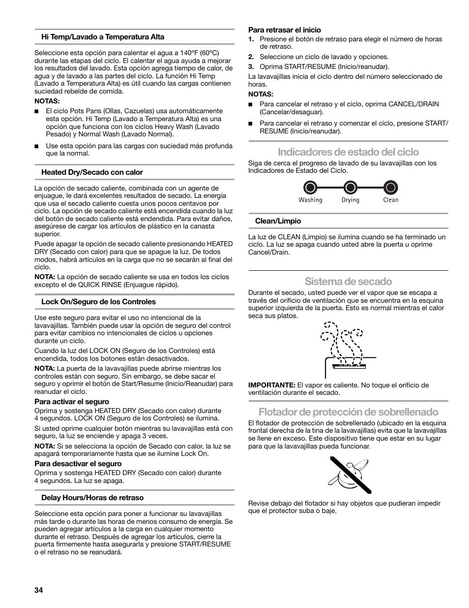 Indicadores de estado del ciclo, Sistema de secado, Flotador de protección de sobrellenado | Kenmore 665.1776 User Manual | Page 34 / 60