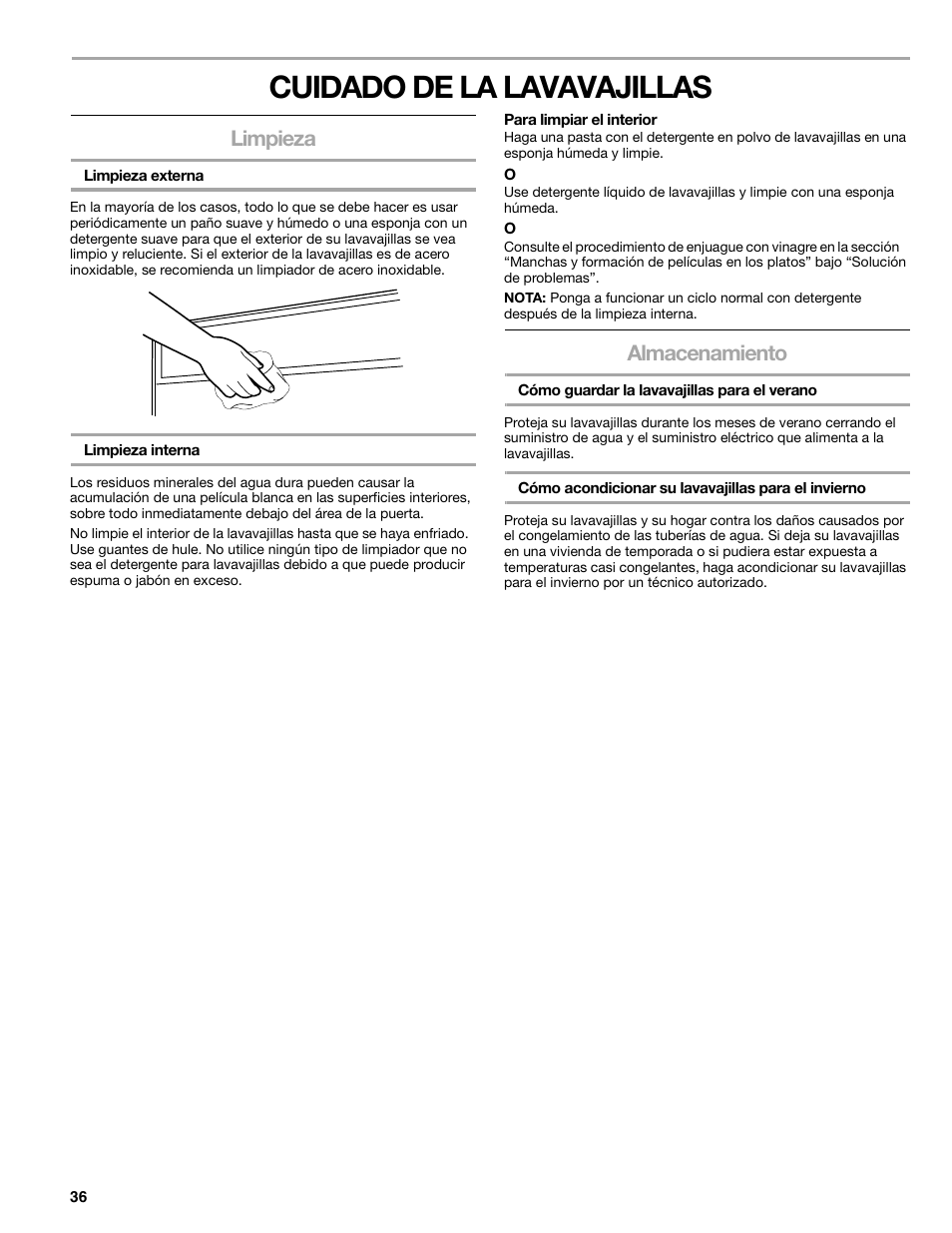 Cuidado de la lavavajillas, Limpieza, Almacenamiento | Kenmore 665.1776 User Manual | Page 36 / 60