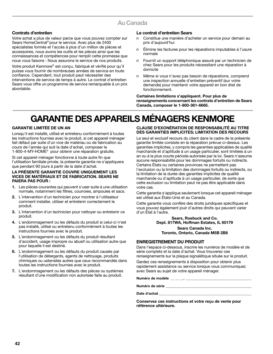 Garantie des appareils ménagers kenmore, Au canada | Kenmore 665.1776 User Manual | Page 42 / 60