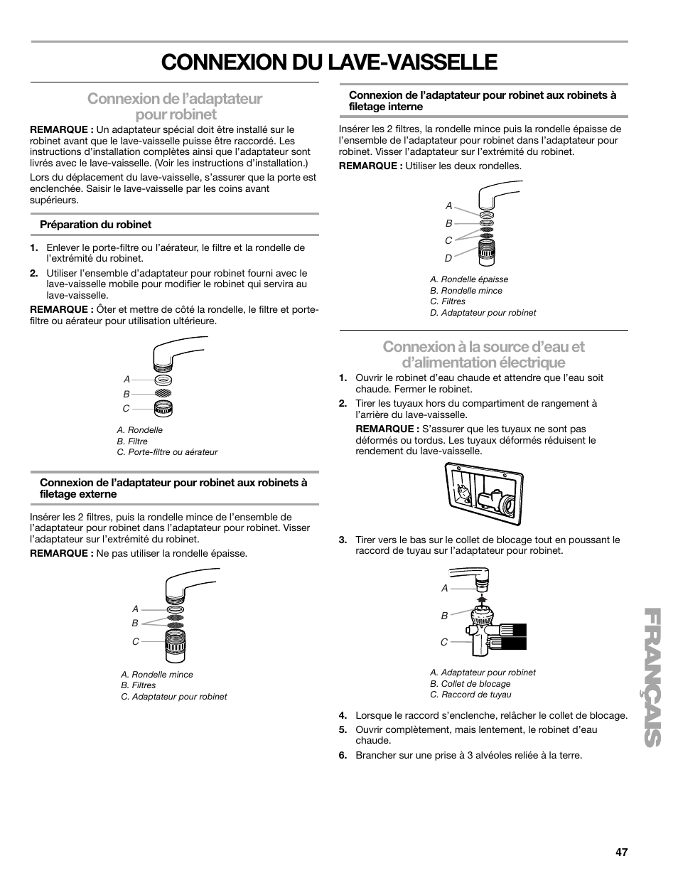 Connexion du lave-vaisselle, Connexion de l’adaptateur pour robinet | Kenmore 665.1776 User Manual | Page 47 / 60