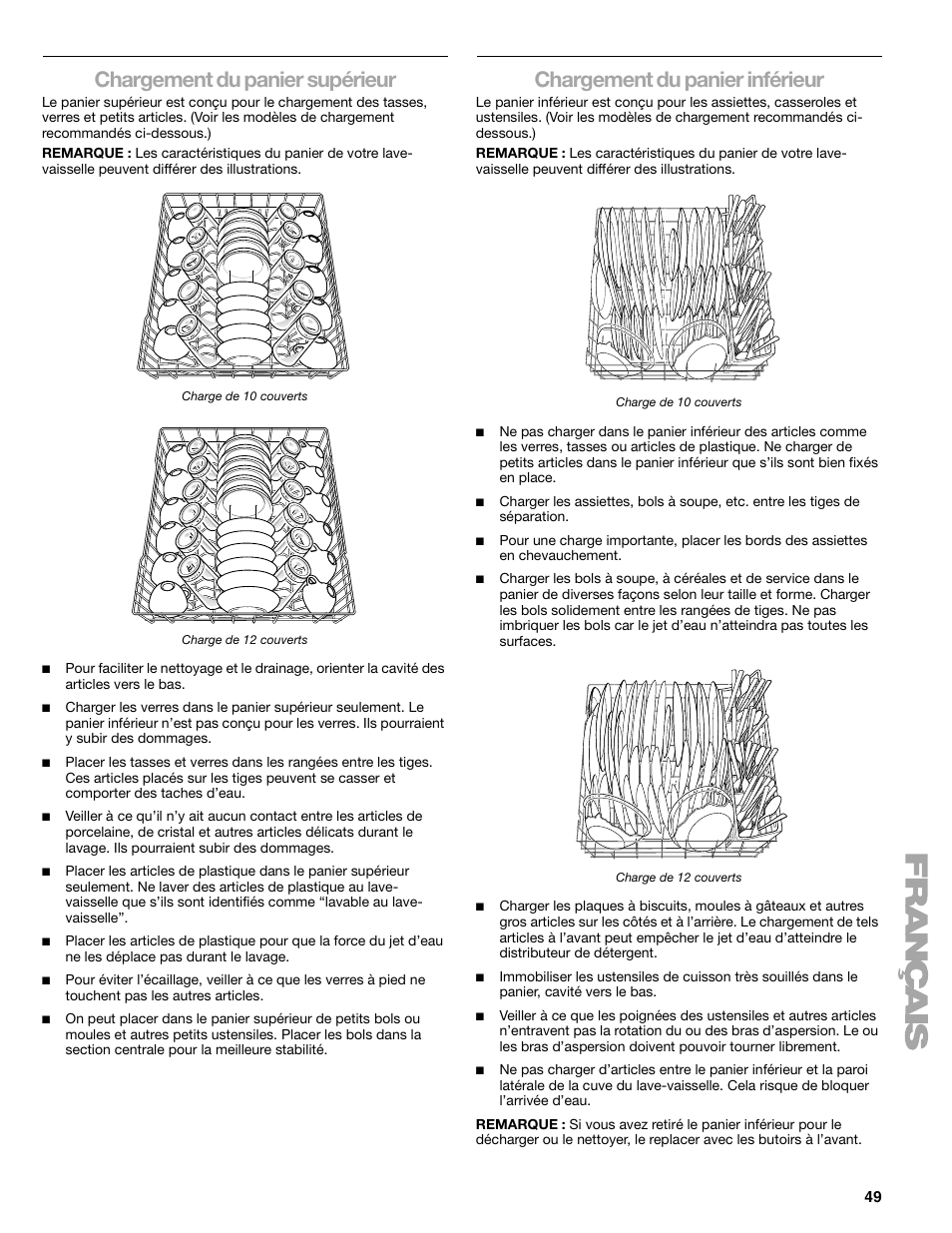 Chargement du panier supérieur, Chargement du panier inférieur | Kenmore 665.1776 User Manual | Page 49 / 60