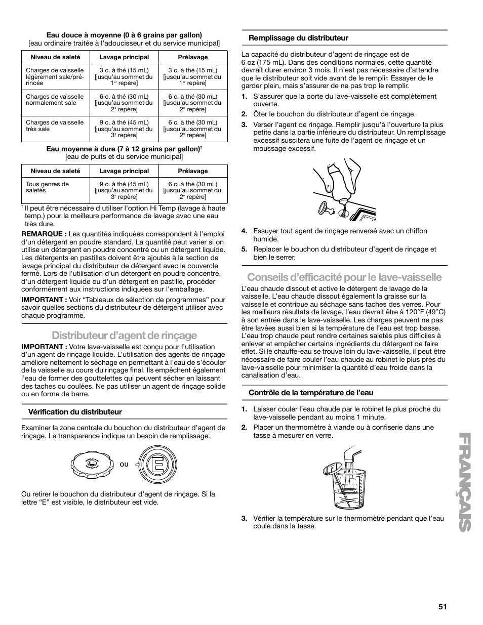 Distributeur d’agent de rinçage, Conseils d’efficacité pour le lave-vaisselle | Kenmore 665.1776 User Manual | Page 51 / 60