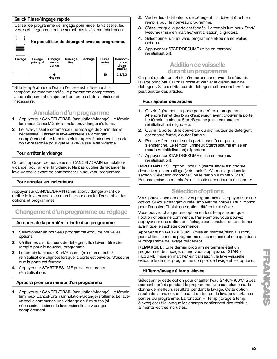 Annulation d’un programme, Changement d’un programme ou réglage, Addition de vaisselle durant un programme | Sélection d’options | Kenmore 665.1776 User Manual | Page 53 / 60