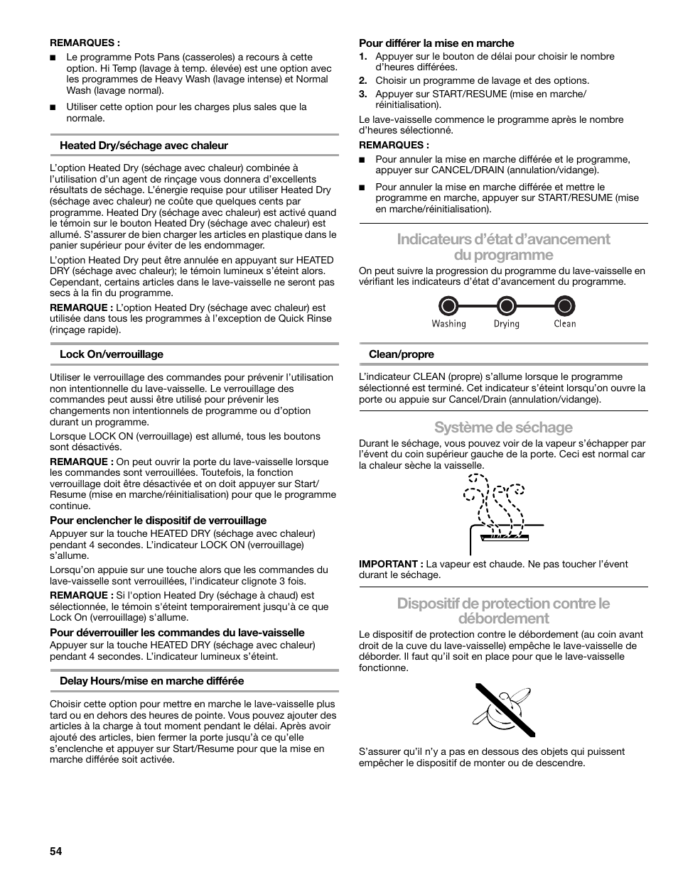 Indicateurs d’état d’avancement du programme, Système de séchage, Dispositif de protection contre le débordement | Kenmore 665.1776 User Manual | Page 54 / 60