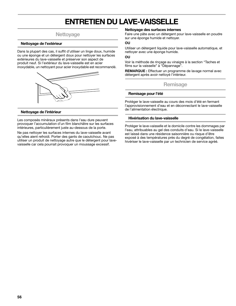 Entretien du lave-vaisselle, Nettoyage, Remisage | Kenmore 665.1776 User Manual | Page 56 / 60