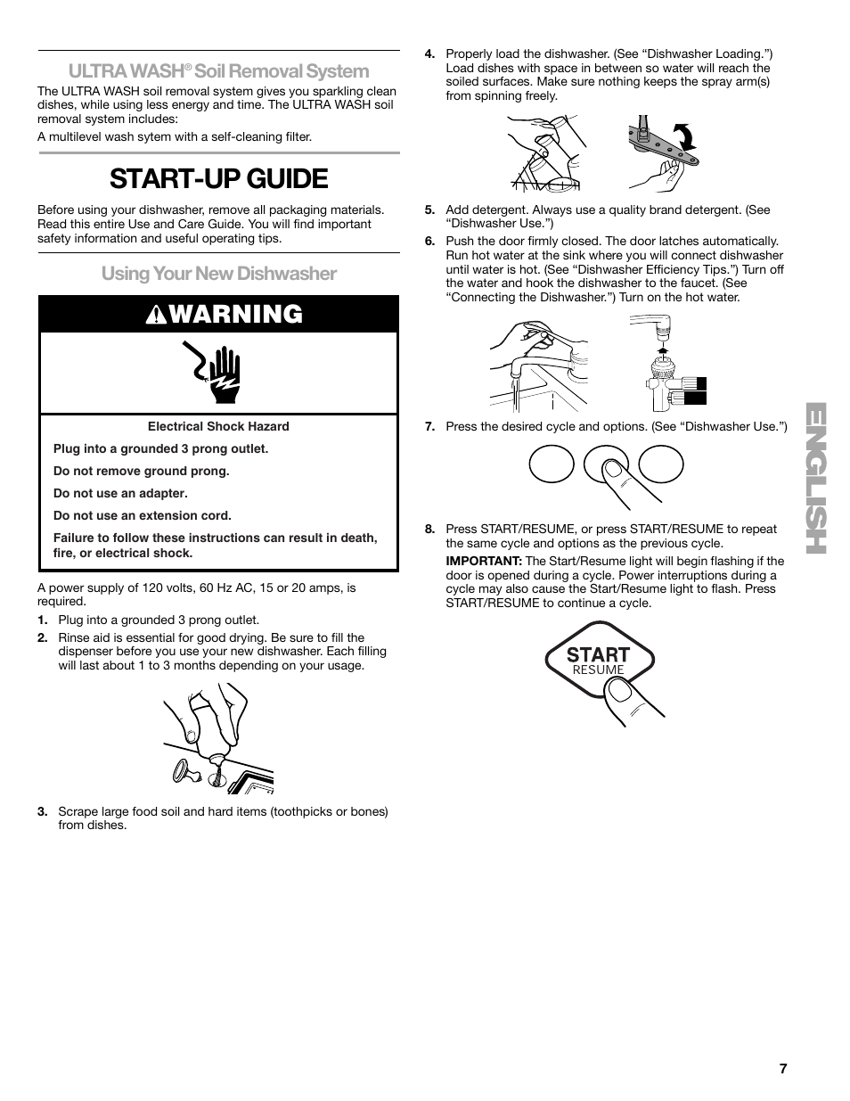 Start-up guide, Warning, Ultra wash | Soil removal system, Using your new dishwasher | Kenmore 665.1776 User Manual | Page 7 / 60