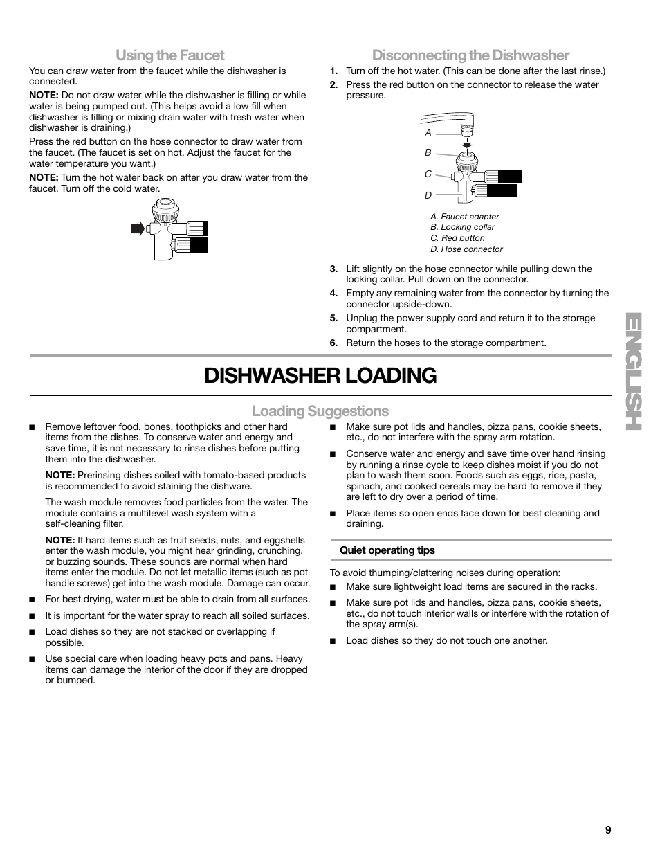 Dishwasher loading, Using the faucet, Disconnecting the dishwasher | Loading suggestions | Kenmore 665.1776 User Manual | Page 9 / 60