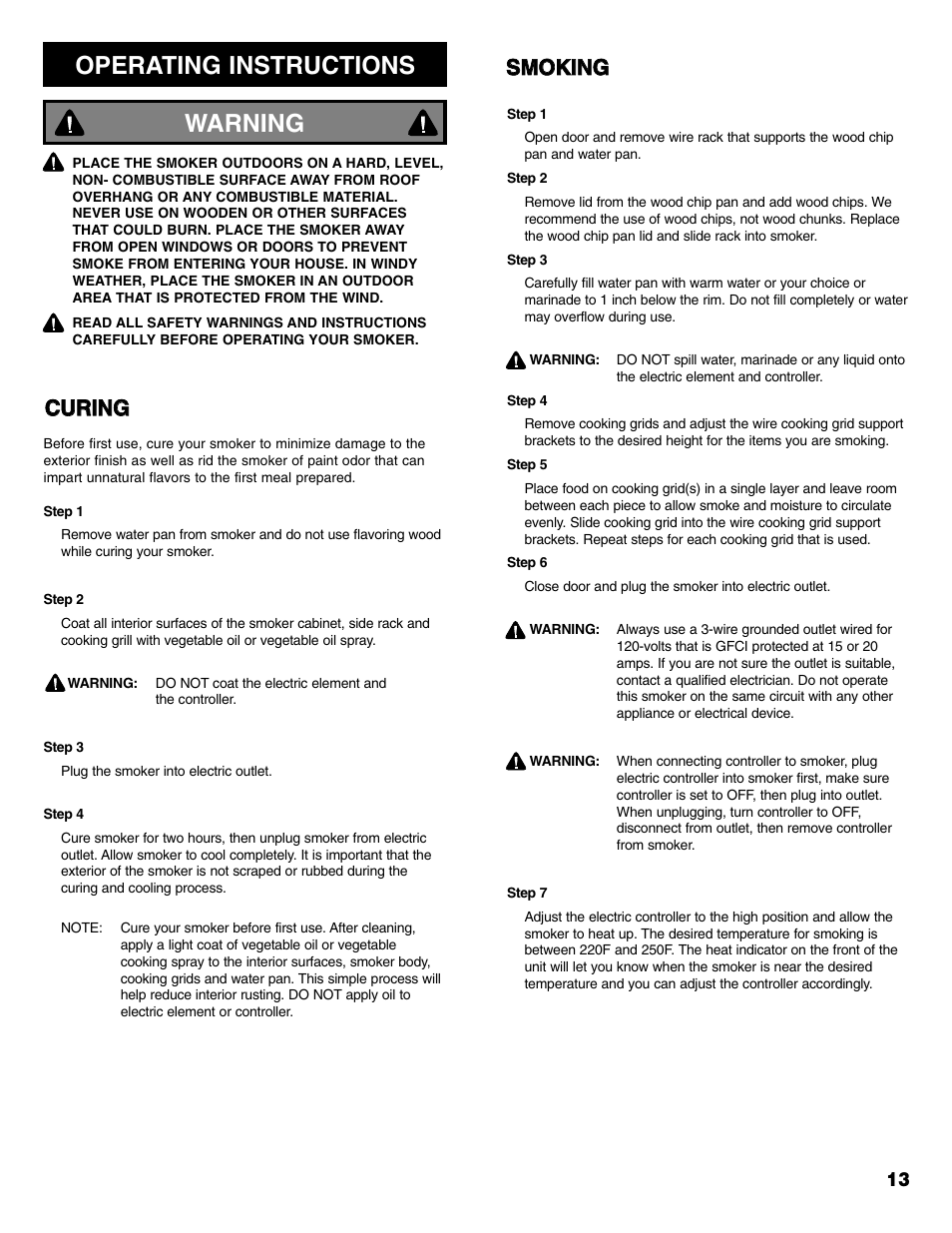 Operating instructions, Warning, Ssm mo ok kiin ng g c cu ur riin ng g | Kenmore 125.15887800 User Manual | Page 13 / 30