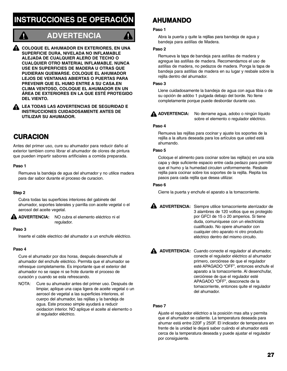 Instrucciones de operación, Advertencia, Aah hu um ma an nd do o c cu ur ra ac ciio on n | Kenmore 125.15887800 User Manual | Page 27 / 30