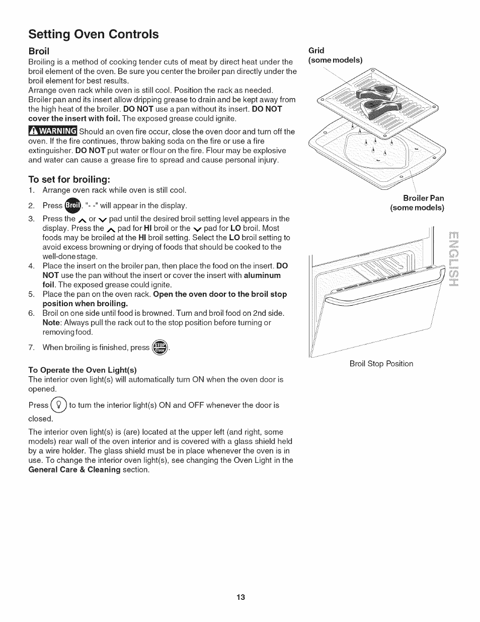 To set for broiling, Setting oven controls, Broil | Kenmore 790.4019 User Manual | Page 13 / 26