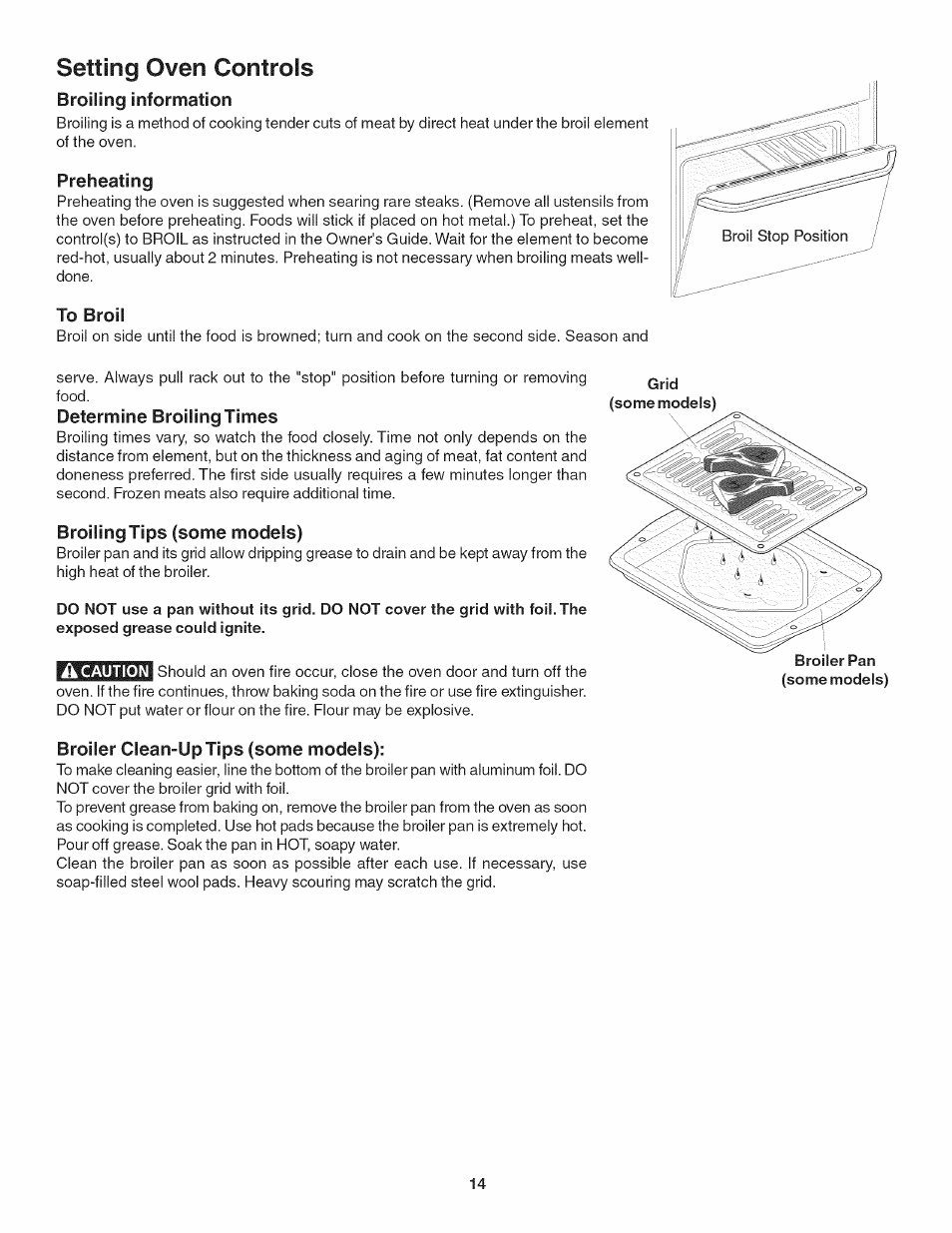 Preheating, To broil, Determine broiling times | Broiling tips (some models), Broiler clean-up tips (some models), Setting oven controls | Kenmore 790.4019 User Manual | Page 14 / 26