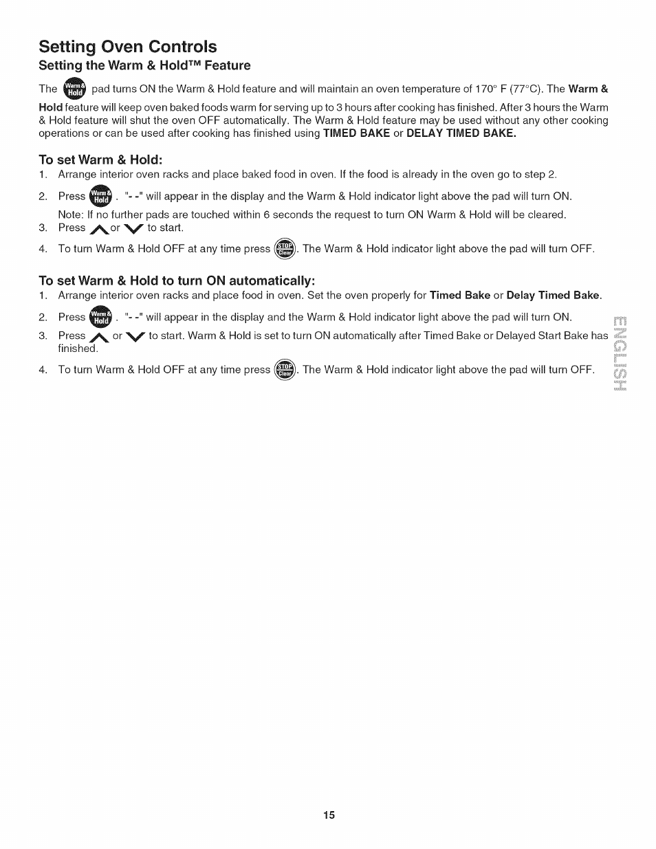 To set warm & hold, To set warm & hold to turn on automatically, Setting oven controls | Kenmore 790.4019 User Manual | Page 15 / 26