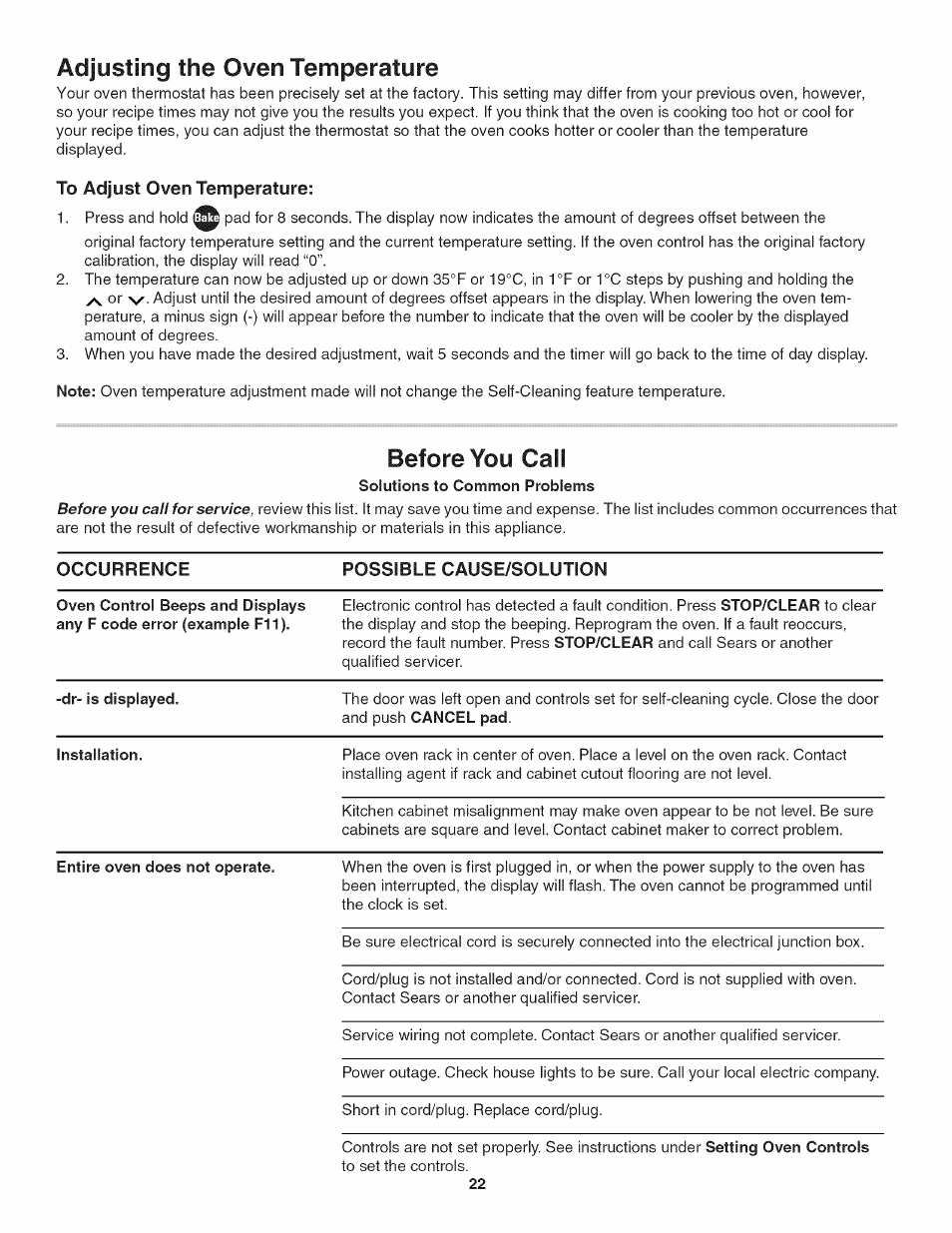 Adjusting the oven temperature, Solutions to common problems, Before you call | Kenmore 790.4019 User Manual | Page 22 / 26