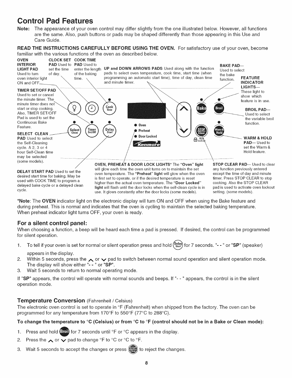 Control pad features, For a silent control panel | Kenmore 790.4019 User Manual | Page 8 / 26