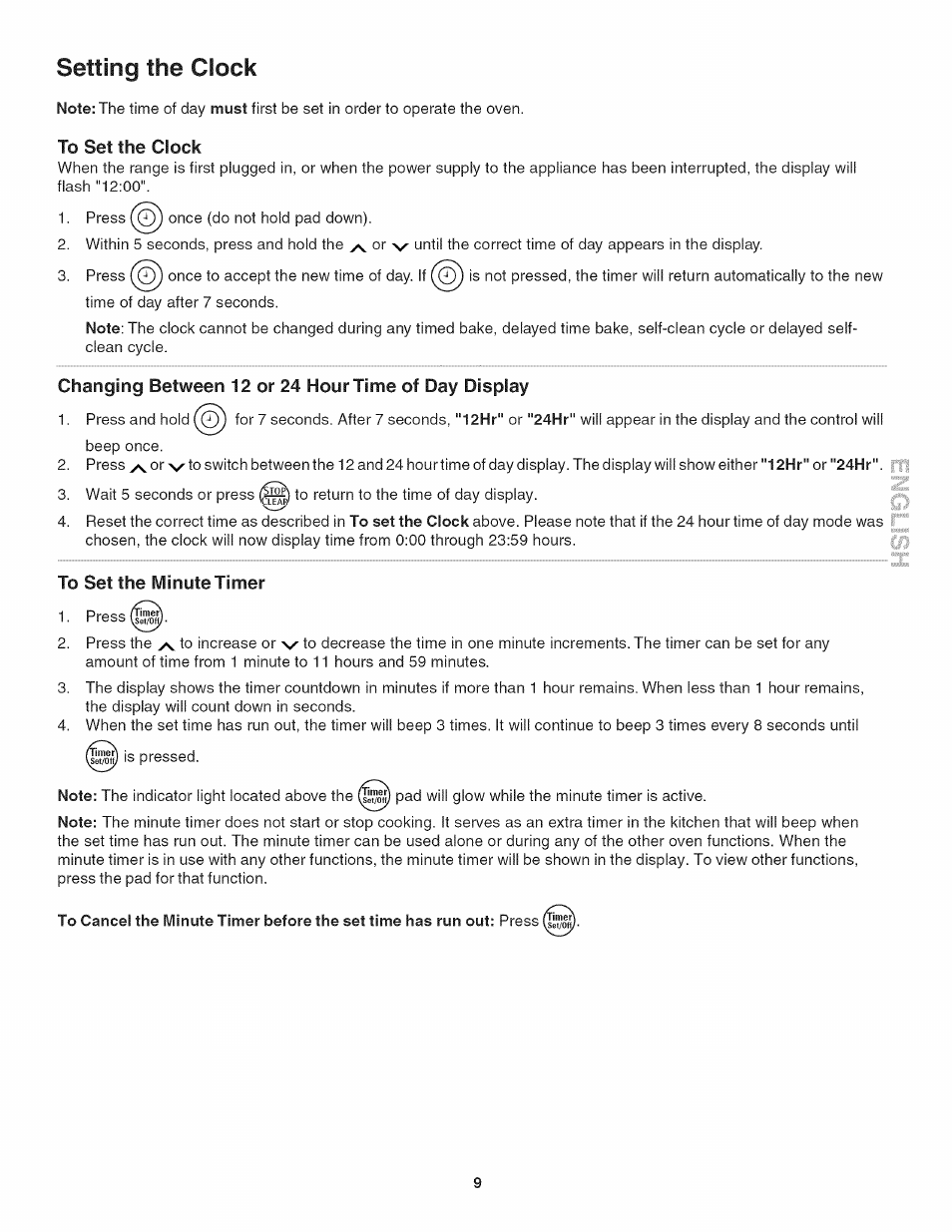 To set the clock, Changing between 12 or 24 hour time of day display, To set the minute timer | Setting the clock | Kenmore 790.4019 User Manual | Page 9 / 26